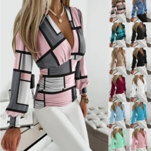 Sexy Geometric Print Shirt Fashion V-neck Long-sleeved Tops Women's Clothing