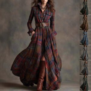 Ins Plaid Print Long-Sleeved Dress Fashion Pockets Collared Buttons Shirt Long Dresses Retro Women's Clothing