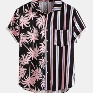 Men Clothing Summer New Men's Coconut Print Striped Stitching Casual Holiday Shirt Short-sleeved Camisas Para Hombre