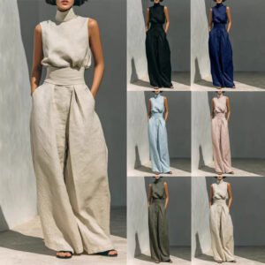 Casual Sleeveless Suit Summer Stand-up Collar Pullover Top And Loose Straight-leg Trousers Women's Clothing
