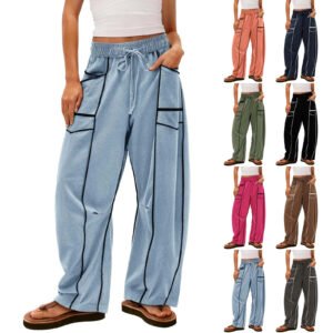 Y2K Black Striped Wide-leg Pants With Pockets Fashion Loose Drawstring Trousers Sports Sweatpants Women's Clothing